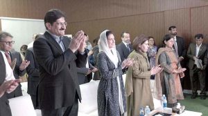 First Lady Bibi Asifa Bhutto Zardari MNA and Sindh Chief Minister Syed Murad Ali Shah clapping during the inaugurate the state-of-the-art residential facility at the Centre for Autism Rehabilitation & Training (C-ARTS) in Korangi