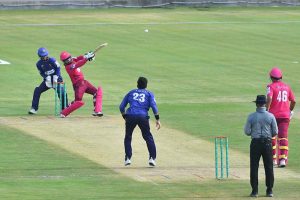 Players celebrate after taking a wicket during the National Champions Cup 2026–27 match between Pakistan Blues and Pakistan Gold at Multan Cricket Stadium