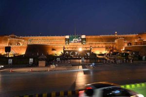 The historic Bala Hisar Fort is illuminated colorful lights and national flags and decorative ahead of Pakistan’s 79th Independence Day celebrations, presenting a vibrant patriotic view in the provincial capital.