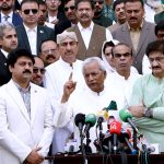 Governor Sindh, Syed Muhammad Nehal Hashmi, talking to the media persons along with Sindh Chief Minister Syed Murad Ali Shah accompanied by his cabinet members after laying the floral wreath on the grave of Quaid-e-Azam Muhammad Ali Jinnah to mark Independence Day celebrations at Mazar-e-Quaid