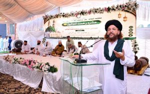 A female Naat Khuwan recites a Naat during a Seerat-un-Nabi (PBUH) Naat Khwani and Qiraat competition organized in connection with Rabi-ul-Awwal at Eidgah.