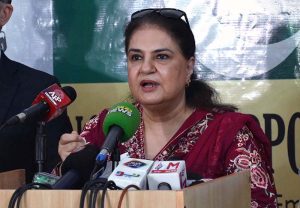 Senator Rubina Khalid, Chairperson of the Benazir Income Support Programme (BISP), talks to the media at the BISP Johar Town office.