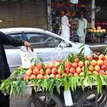 A street vendor sells fresh peaches on a handcart at roadside
