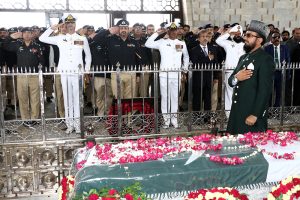 Governor Sindh, Syed Muhammad Nehal Hashmi, Sindh Chief Minister Syed Murad Ali Shah accompanied by his cabinet offering fateha on the grave of Quaid-e-Azam Muhammad Ali Jinnah to mark Independence Day celebrations at Mazar-e-Quaid