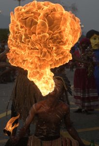 A fire-breather creates a spectacular fireball as he performs during the full-dress rehearsal for Pakistan’s 79th Independence Day celebrations at D-Chowk in the federal capital.