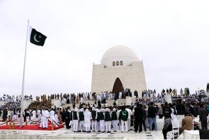 Governor Sindh, Syed Muhammad Nehal Hashmi, Sindh Chief Minister Syed Murad Ali Shah accompanied by his cabinet members hoist the National Flag at the Mazar-e-Quaid during Independence Day of Pakistan celebrations