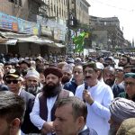 Sindh Chief Minister Syed Murad Ali Shah addressing during participating in Eid Milad-un-Nabi (PBUH) Main procession at Memon Masjid. Governor Sindh Mohammad Nihal Hashmi, Provincial Ministers Saeed Ghani, Zia-ul-Hassan Lanjar and Riaz Hussain Shah Shirazi, Mayor Karachi Murtaza Wahab, Dr Farooq Sattar, and other dignitaries stand alongside him during the procession
