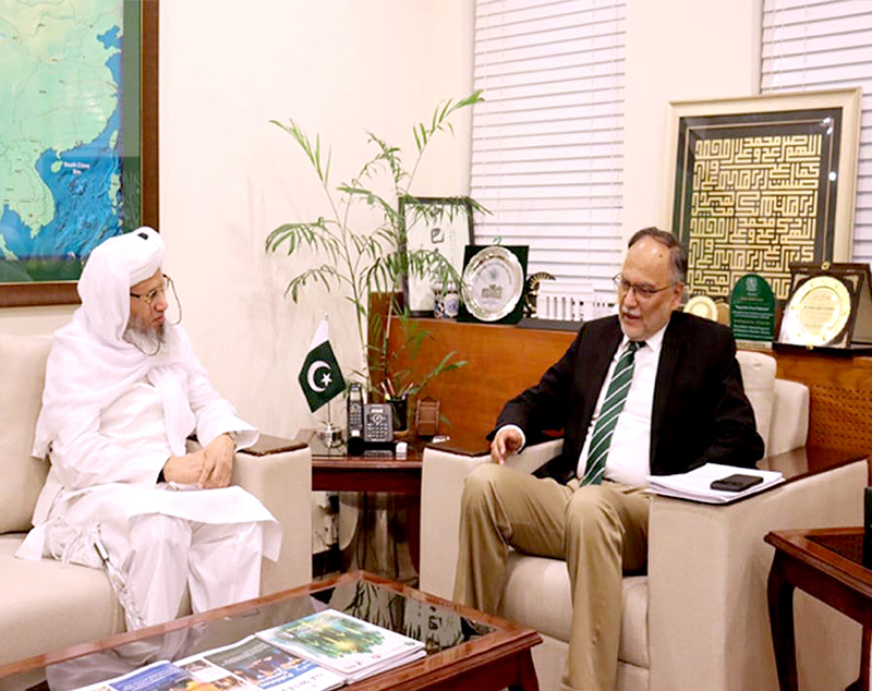 Federal Minister for Planning, Development and Special Initiatives Ahsan Iqbal in a meeting with Mufti Abdur Raheem of Jamia Tur Rasheed, Karachi
