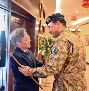 Field Marshal Syed Asim Munir, NI (M), HJ, Chief of Army Staff and Chief of Defence Forces warmly welcomes His Excellency Mr. Jiang Zaidong, Ambassador of the People's Republic of China to Pakistan, during a ceremony marking the 99th anniversary of the founding of the People's Liberation Army (PLA) of the People's Republic of China at General Headquarters (GHQ)