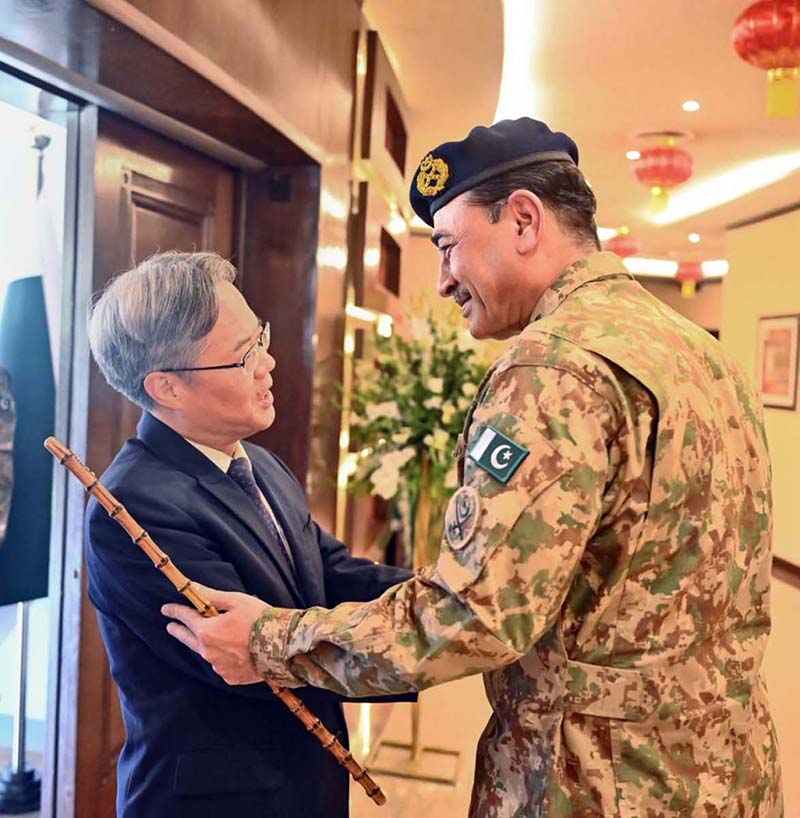 Field Marshal Syed Asim Munir, NI (M), HJ, Chief of Army Staff and Chief of Defence Forces warmly welcomes His Excellency Mr. Jiang Zaidong, Ambassador of the People's Republic of China to Pakistan, during a ceremony marking the 99th anniversary of the founding of the People's Liberation Army (PLA) of the People's Republic of China at General Headquarters (GHQ)