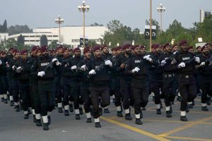 A platoon of commandos takes part in the march-past during the full-dress rehearsal for Pakistan’s 79th Independence Day celebrations at D-Chowk in the federal capital.