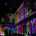 A view of Railway Headquarters decorated with lights in connection with Independence Day celebrations