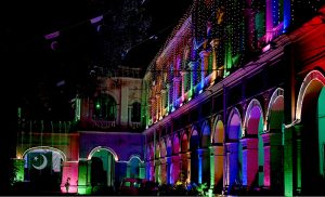 A view of Railway Headquarters decorated with lights in connection with Independence Day celebrations