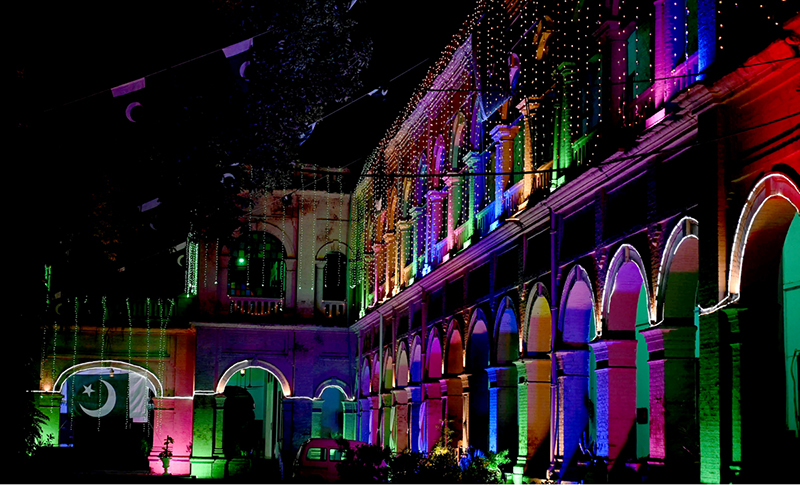 A view of Railway Headquarters decorated with lights in connection with Independence Day celebrations