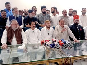 PPP Leader Ali Haider Gllani addressing press conference announcing PPP support in favor of PML-N candidate in NA-168 by-Election seat