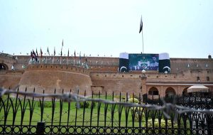 A view of the historic fort decorated with national flags and large displays marking Pakistan's 79th Independence Day celebrations