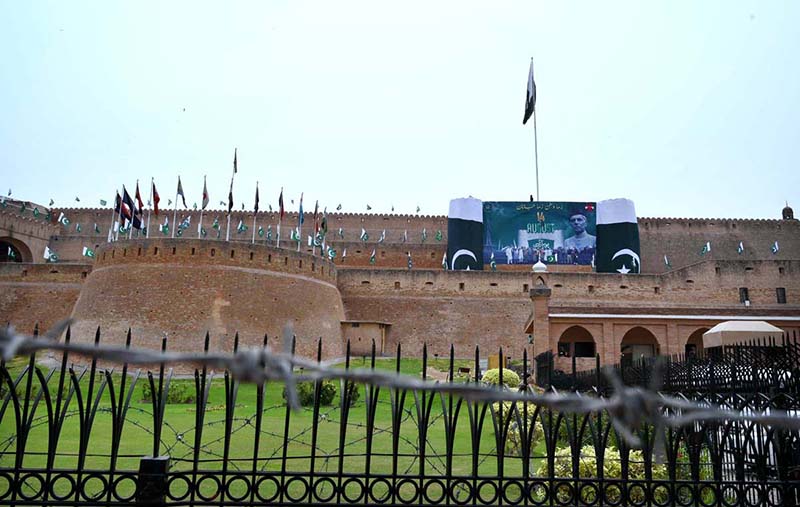 A view of the historic fort decorated with national flags and large displays marking Pakistan's 79th Independence Day celebrations