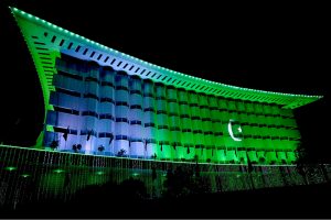 A view of Railway Headquarters decorated with lights in connection with Independence Day celebrations