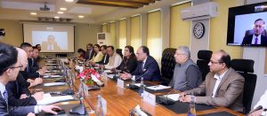 Federal Minister for Finance and Revenue, Senator Muhammad Aurangzeb holding a meeting with a high-level delegation of Silk Road Fund (SRF), led by Chairperson Ms. Zhu Jun, at the Finance Division.