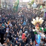 A large number of mourners attending the procession of “Chup Tazia” outside Qadamgah Moula Ali
