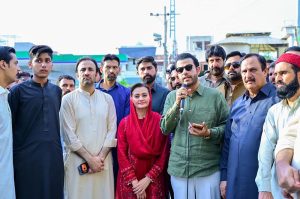 Federal Parliamentary Secretary for Information and Broadcasting Barrister Danyal Chaudhry addresses the media alongside Senior Provincial Minister Maryam Aurangzeb