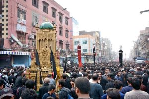 A large number of mourners participate in the Chehlum procession commemorating the martyrdom of Hazrat Imam Hussain (AS), the grandson of the Holy Prophet Muhammad (PBUH), and the martyrs of Karbala at Clock Tower Chowk.