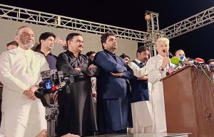 Defense Minister Khawaja Muhammad Asif is addressing to PML-N workers