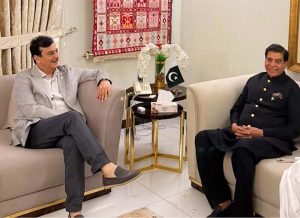 Chairman Senate, Syed Yousaf Raza Gilani and Former Prime Minister of Pakistan and senior Pakistan People’s Party (PPP) leader Raja Pervaiz Ashraf exchanging views in a meeting at the chairman senate's residence