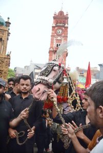 A large number of mourners participate in the Chehlum procession commemorating the martyrdom of Hazrat Imam Hussain (AS), the grandson of the Holy Prophet Muhammad (PBUH), and the martyrs of Karbala at Clock Tower Chowk.