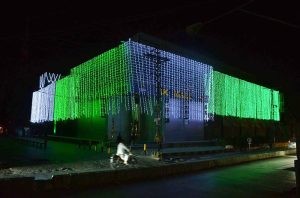A building illuminated regarding celebration of Independence Day in Quetta