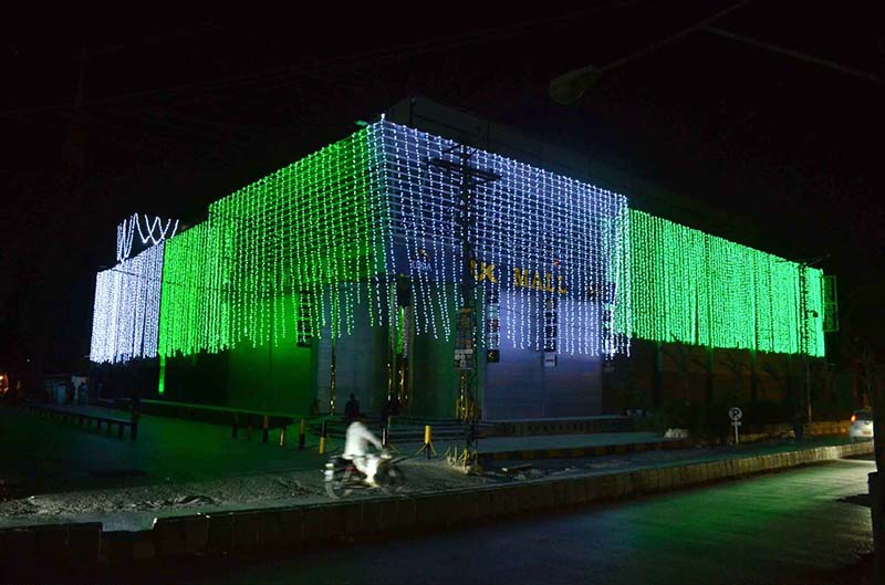 A building illuminated regarding celebration of Independence Day in Quetta