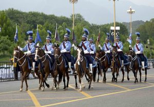 A platoon of commandos takes part in the march-past during the full-dress rehearsal for Pakistan’s 79th Independence Day celebrations at D-Chowk in the federal capital.