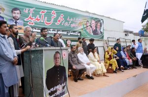 Pakistan Muslim League-N Sindh President, Bashir Ahmed Memon addressing a press conference, at Muslim League House
