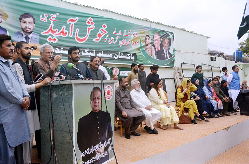 Pakistan Muslim League-N Sindh President, Bashir Ahmed Memon addressing a press conference, at Muslim League House