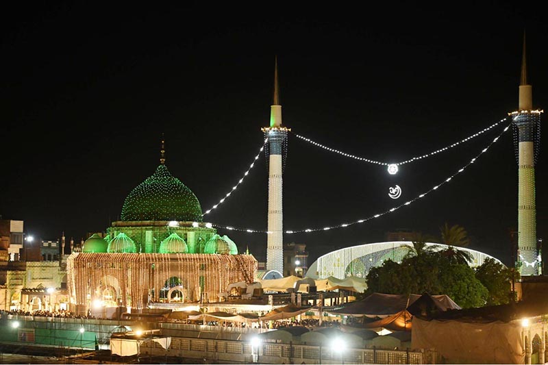 An attractive view of Data Darbar decorated with colorful lights in connection with 983 Urs Celebration Of Data Ali Hajveri(RA) as a large number of people arrives to attend the three day Urs celebration of renowned Sufi Data Gunj Buksh