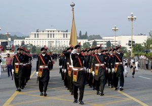 A platoon of commandos takes part in the march-past during the full-dress rehearsal for Pakistan’s 79th Independence Day celebrations at D-Chowk in the federal capital.