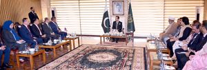 Chairman Senate, Syed Yousuf Raza Gilani in a meeting with a delegation led by Saifuddin Nasution Ismail, Minister of home affairs of Malaysia at Parliament House.