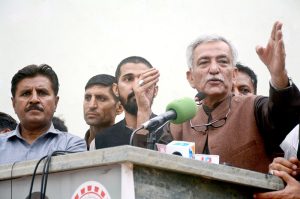Pakistan Muslim League-N Sindh President, Bashir Ahmed Memon addressing a press conference, at Muslim League House