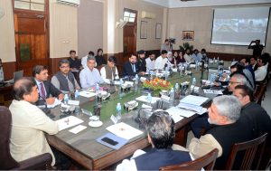 Federal Minister for Railways Muhammad Hanif Abbasi chairs an important meeting on Pakistan Railways affairs at the office of the Divisional Superintendent, Karachi