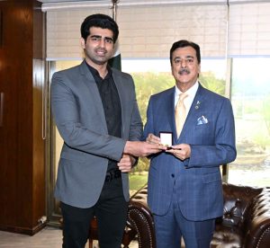 Chairman Senate, Syed Yousaf Raza Gilani in a meeting with internationally acclaimed Pakistani professional wrestler Ather Zahid, at Parliament House