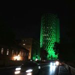 An illuminated view of Habib Bank Plaza decorated with lights in connection with upcoming Independence Day celebrations