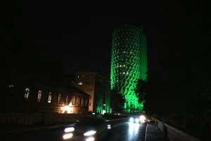 An illuminated view of Habib Bank Plaza decorated with lights in connection with upcoming Independence Day celebrations