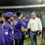 Chairman Pakistan Cricket Board (PCB) Mohsin Naqvi meets players and team officials during his visit to Multan Cricket Stadium to witness the National Champions Cup 2026–27 match