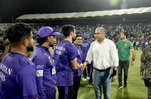 Chairman Pakistan Cricket Board (PCB) Mohsin Naqvi meets players and team officials during his visit to Multan Cricket Stadium to witness the National Champions Cup 2026–27 match