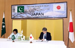 Consul General of Japan in Karachi, HATTORI Masaru, and Ms. Habiba Habib, President of the Institute of Behavioral Psychology (IBP) School of Special Education during a signing ceremony at the Consulate-General of Japan. Japan Provides Grant Assistance to a Local NGO for a Transportation Project.