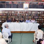 Chairperson of the Pakistan Institute of International Affairs Dr. Masuma Hasan addressing a seminar on "The Rise of Gen Z in South Asia" organized by the Pakistan Institute of International Affairs (PIIA) at its library. Other speakers Dr. Moonis Ahmer, Nadeem F Paracha, Dr. Sajjad Ahmed and Syed Ehsan Ali Shah also seen sitting on the stage