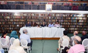 Chairperson of the Pakistan Institute of International Affairs Dr. Masuma Hasan addressing a seminar on "The Rise of Gen Z in South Asia" organized by the Pakistan Institute of International Affairs (PIIA) at its library. Other speakers Dr. Moonis Ahmer, Nadeem F Paracha, Dr. Sajjad Ahmed and Syed Ehsan Ali Shah also seen sitting on the stage