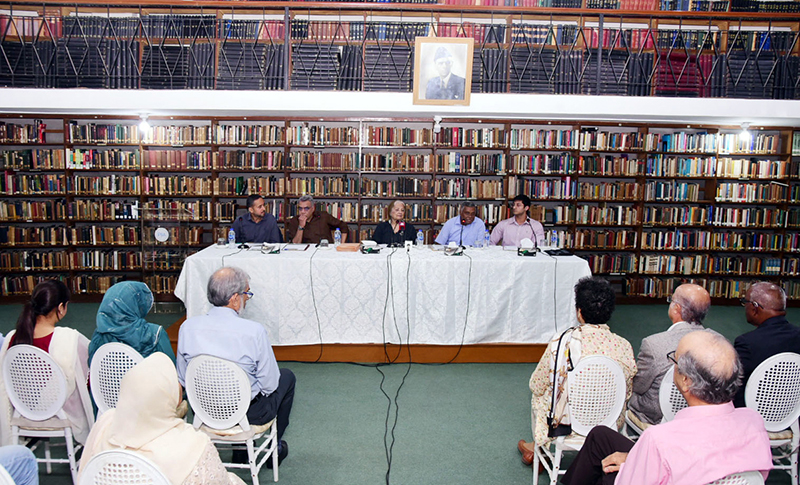 Chairperson of the Pakistan Institute of International Affairs Dr. Masuma Hasan addressing a seminar on "The Rise of Gen Z in South Asia" organized by the Pakistan Institute of International Affairs (PIIA) at its library. Other speakers Dr. Moonis Ahmer, Nadeem F Paracha, Dr. Sajjad Ahmed and Syed Ehsan Ali Shah also seen sitting on the stage