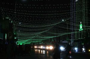An illuminated view of Habib Bank Plaza decorated with lights in connection with upcoming Independence Day celebrations
