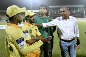 Chairman Pakistan Cricket Board (PCB) Mohsin Naqvi meets players and team officials during his visit to Multan Cricket Stadium to witness the National Champions Cup 2026–27 match